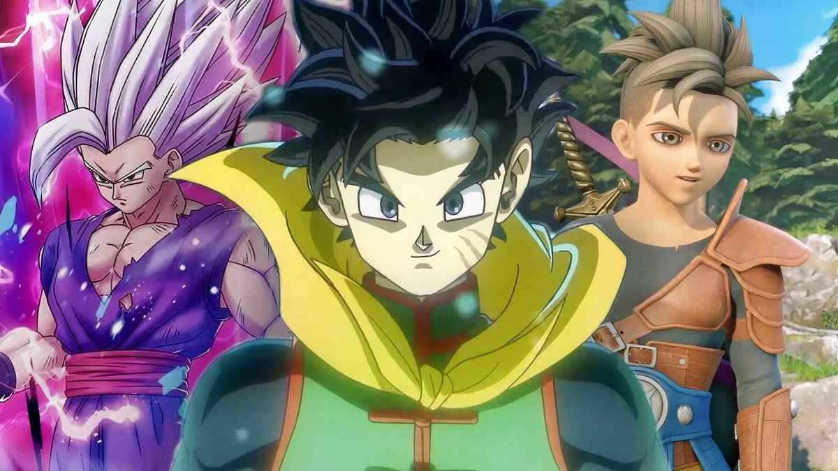Cenário amplo e colorido de Dragon Quest XII Beyond Dreams com campos abertos, castelo ao fundo e monstros ameaçadores vistos no trailer
