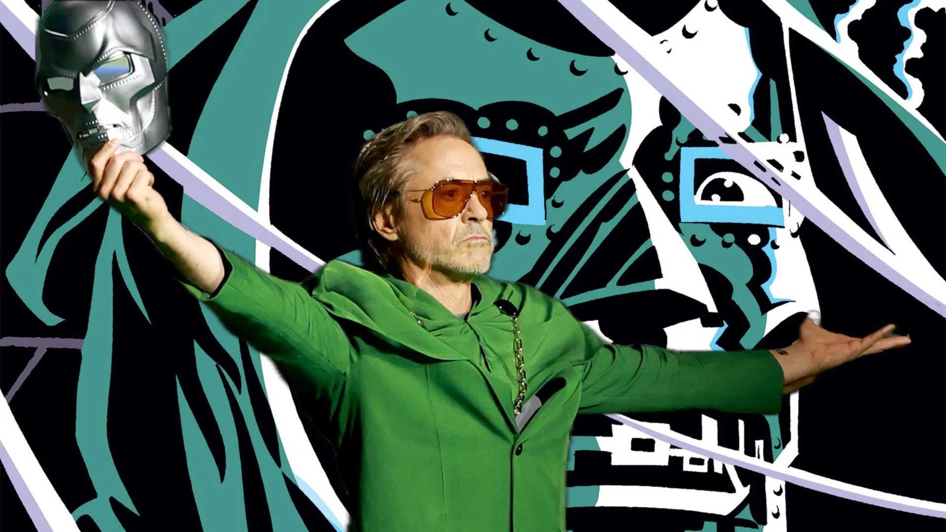 Montagem conceitual de Robert Downey Jr. Como Doutor Destino ao lado de símbolos de Latvéria