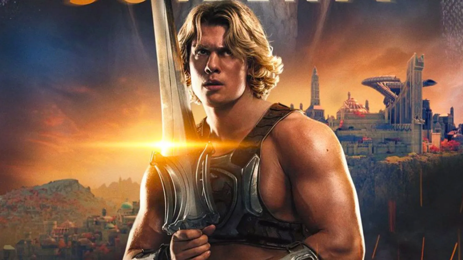 He-Man enfrentando Esqueleto em arte promocional ou cena de batalha do filme Mestres do Universo