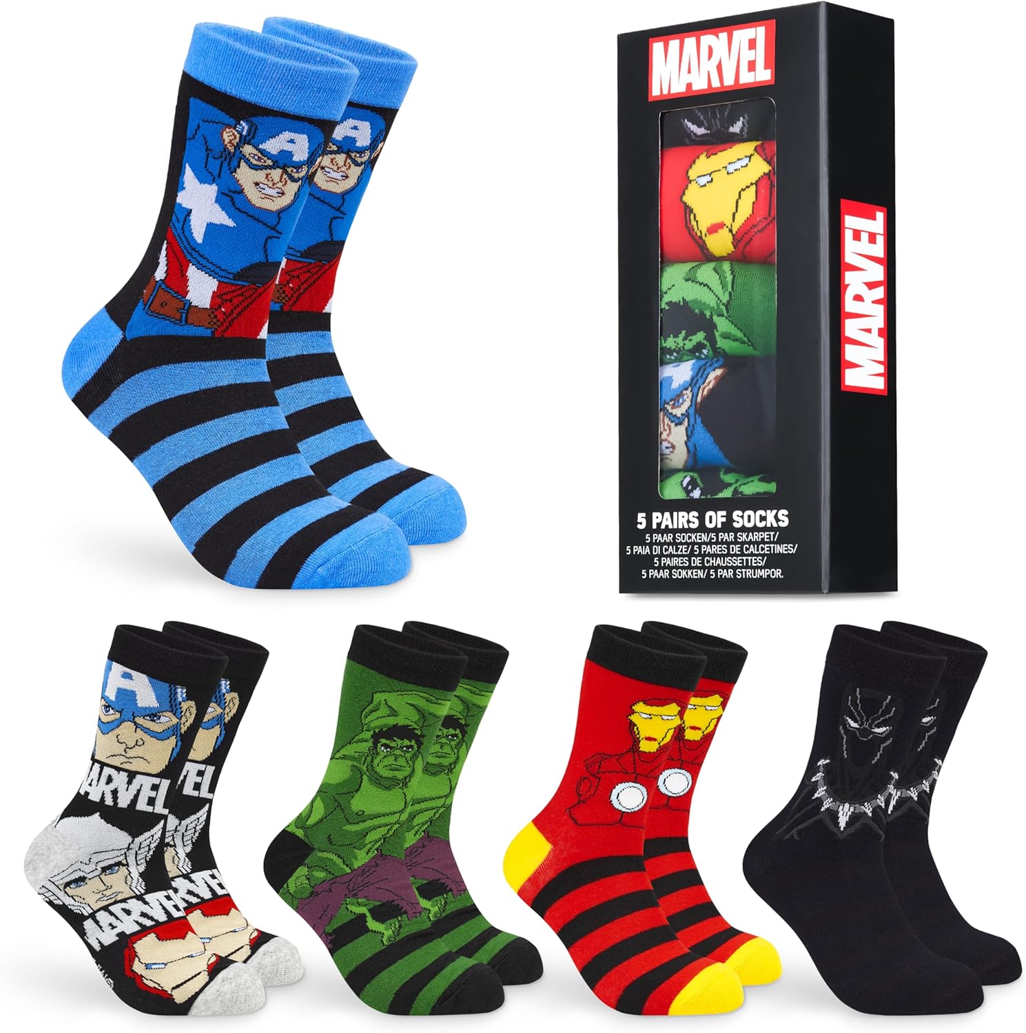 Meias masculinas Marvel na altura da panturrilha, tamanho US 7-11, pacote com 5 meias macias