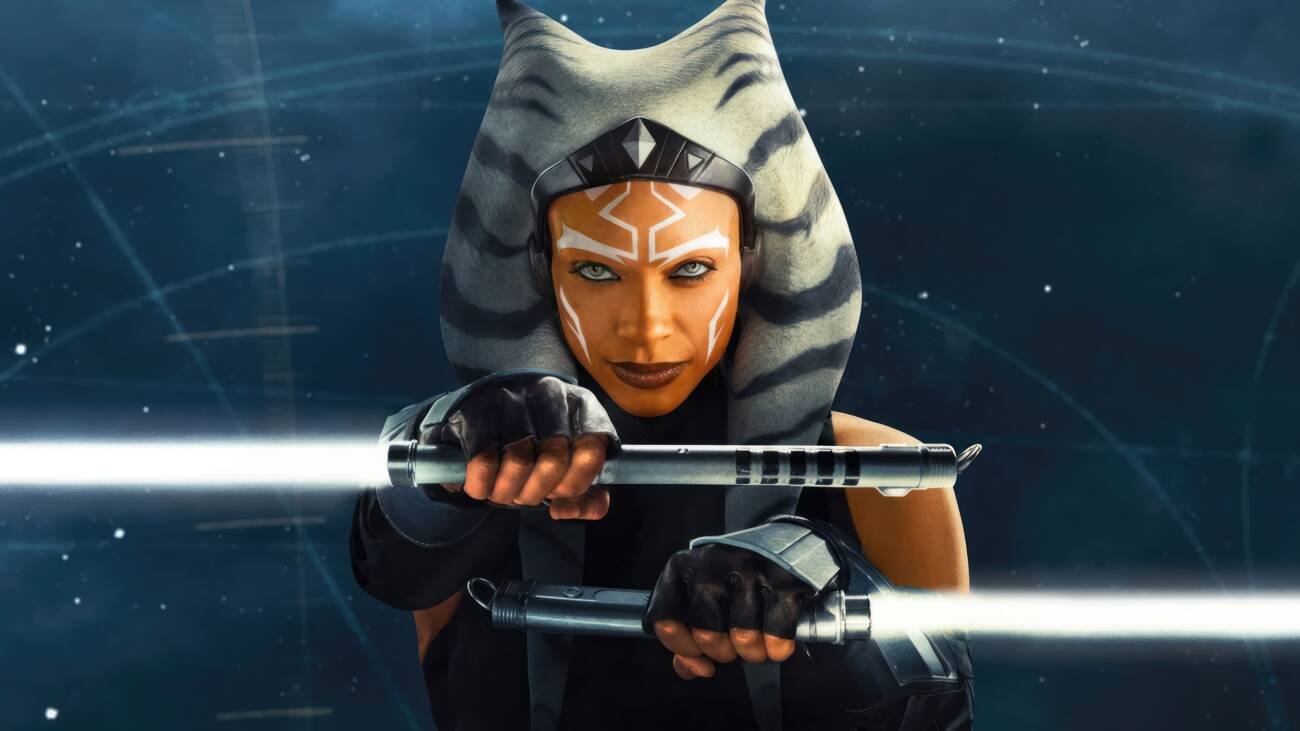 Bastidores de Ahsoka com Dave Filoni dirigindo Rosario Dawson em set com tela de LED e efeitos visuais