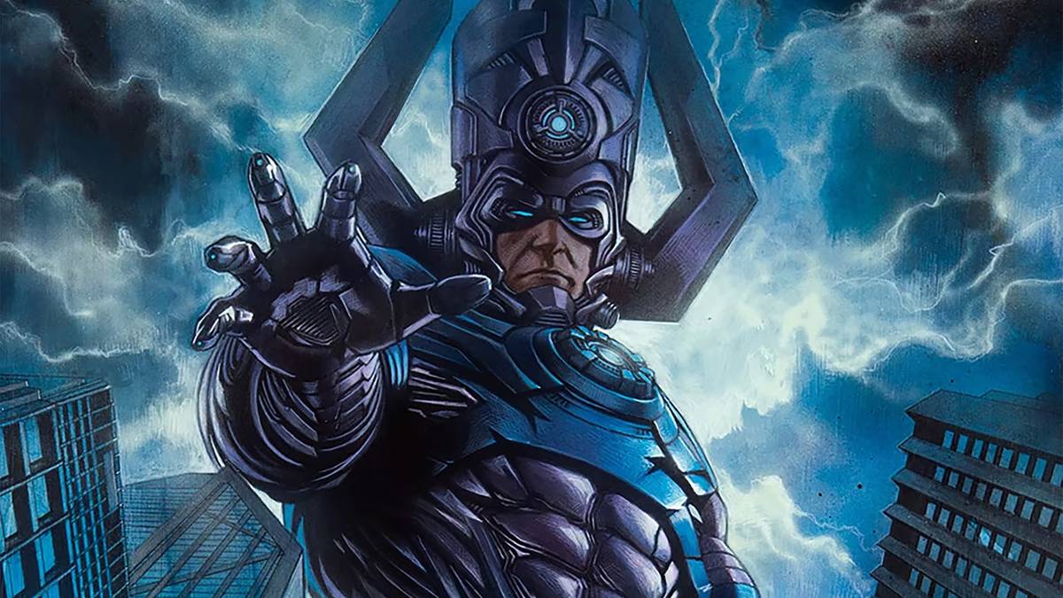 Arte da Mulher Invisível usando um campo de força condensado contra Galactus, com efeito visual de singularidade