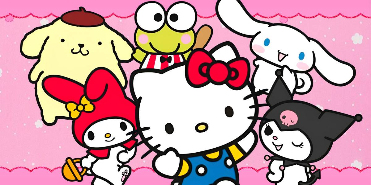 Colagem com produtos licenciados da Hello Kitty, vitrines e itens colecionáveis, mostrando o tamanho comercial da marca