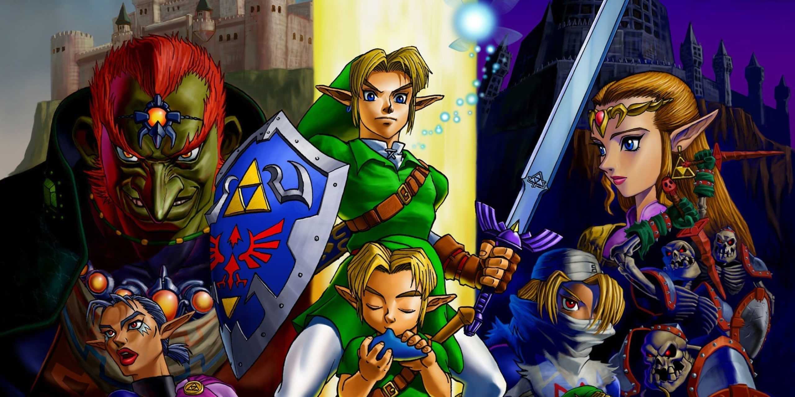 Arte principal de Legend of Zelda: Ocarina of Time. Um jovem Link toca sua ocarina enquanto um Link adulto está atrás com a Master Sword e o Hylian Shield nas mãos. Ambos estão cercados por um elenco de personagens do jogo.