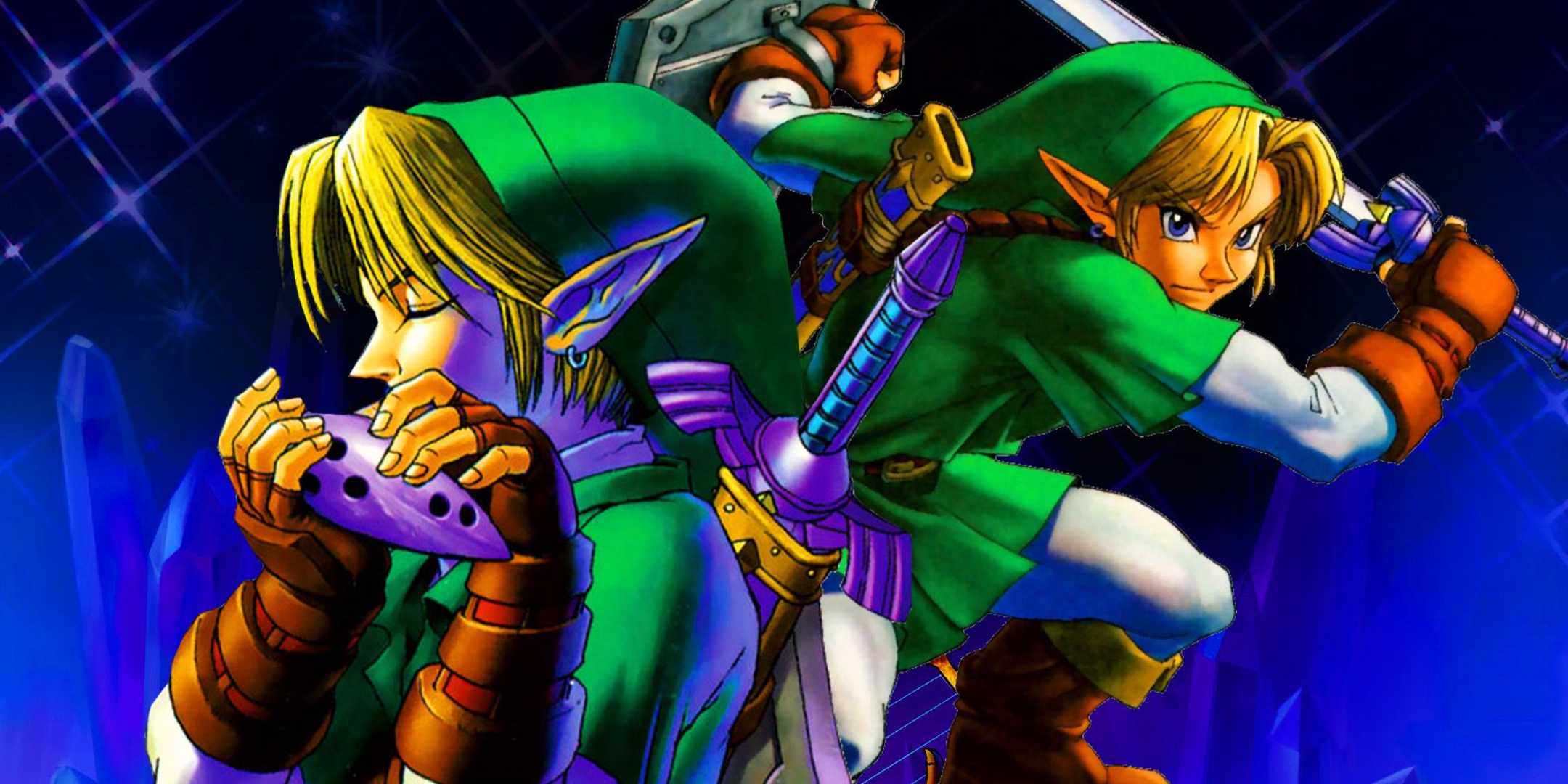 Duas versões de Link de The Legend of Zelda: Ocarina of Time ocupam a imagem. O Link à esquerda toca calmamente a ocarina, enquanto o outro Link posa com uma espada e escudo nas mãos.