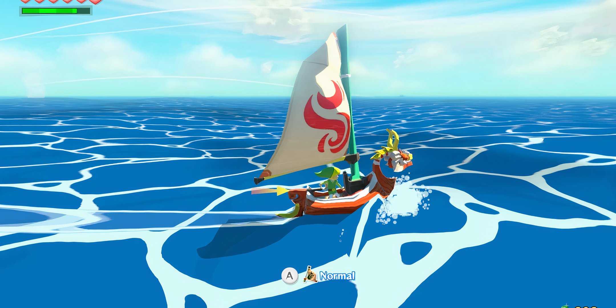 Link navegando em seu barco no mar em Wind Waker.