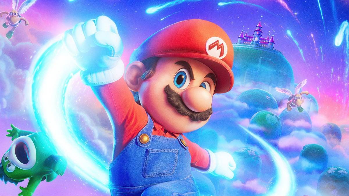 Cena espacial de Super Mario Galaxy: O Filme com Mario, Luigi e personagens da Nintendo em aventura galáctica