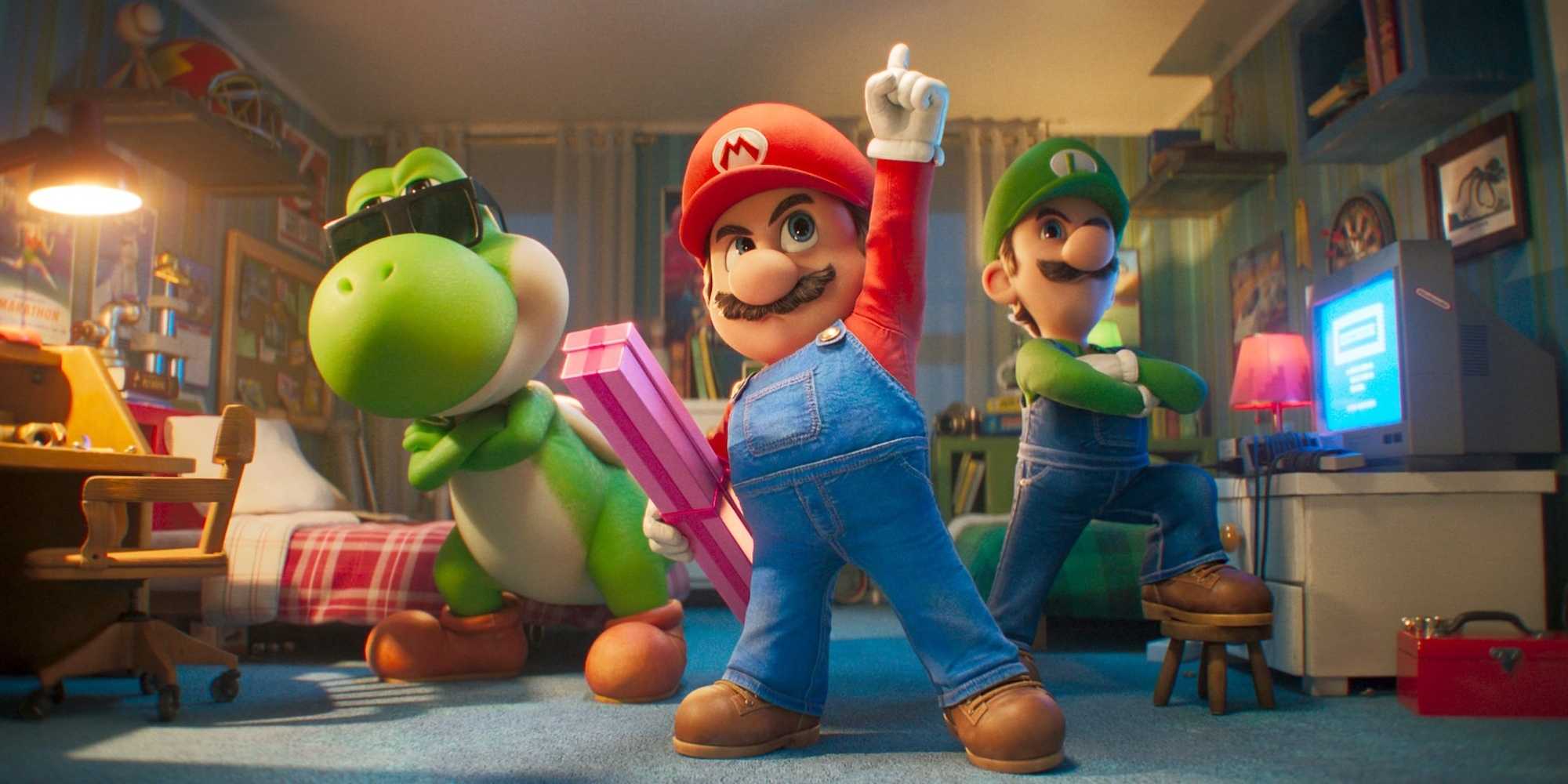 Yoshi, Mario e Luigi em um quarto em The Super Mario Galaxy Movie.