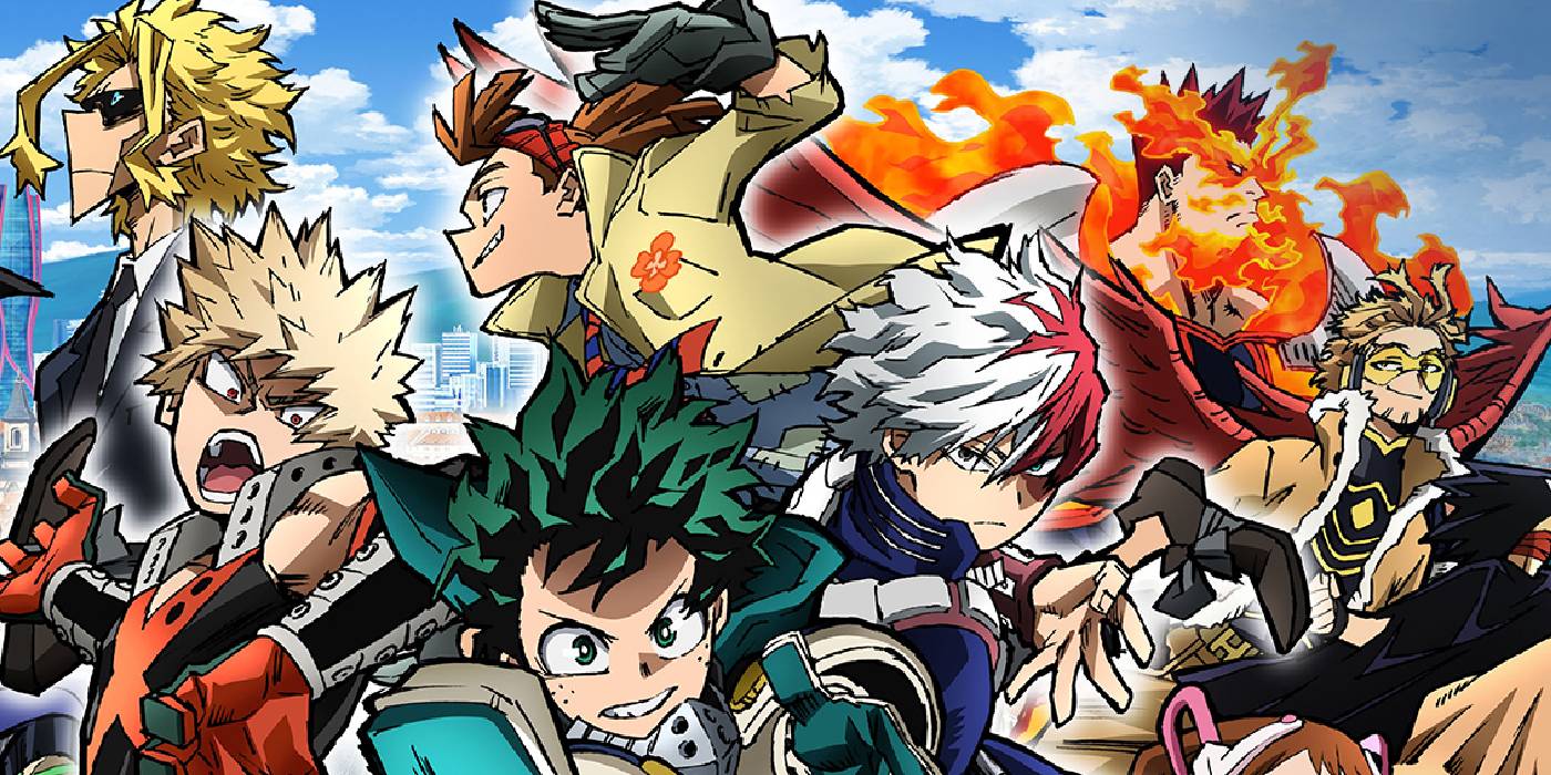 Personagens de My Hero Academia World Heroes Mission, como Deku, Bakugo e Todoroki, fazendo poses de ação juntos.