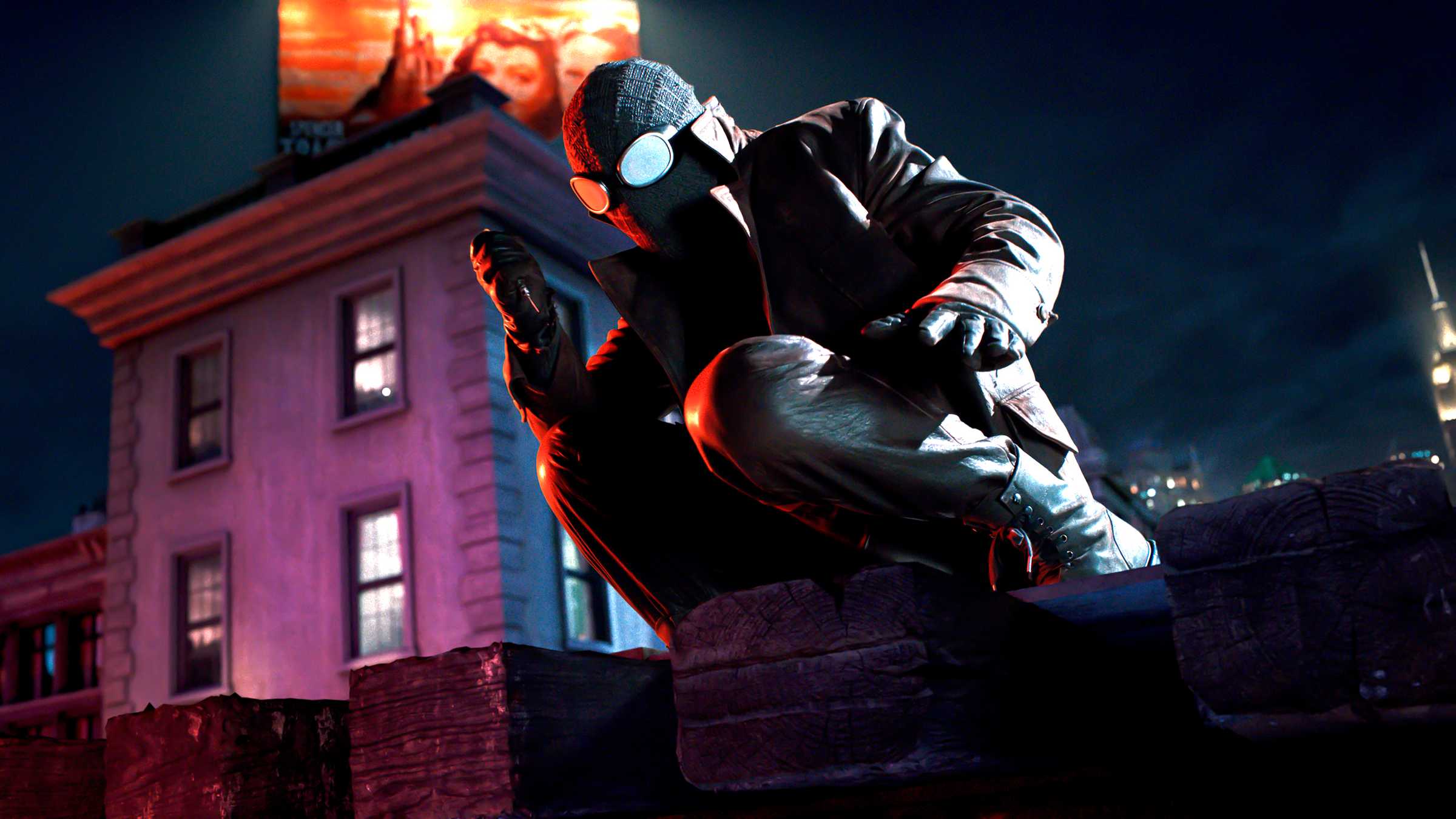 The Spider de Nicolas Cage segurando uma agulha enquanto está empoleirado em um telhado em Spider-Noir