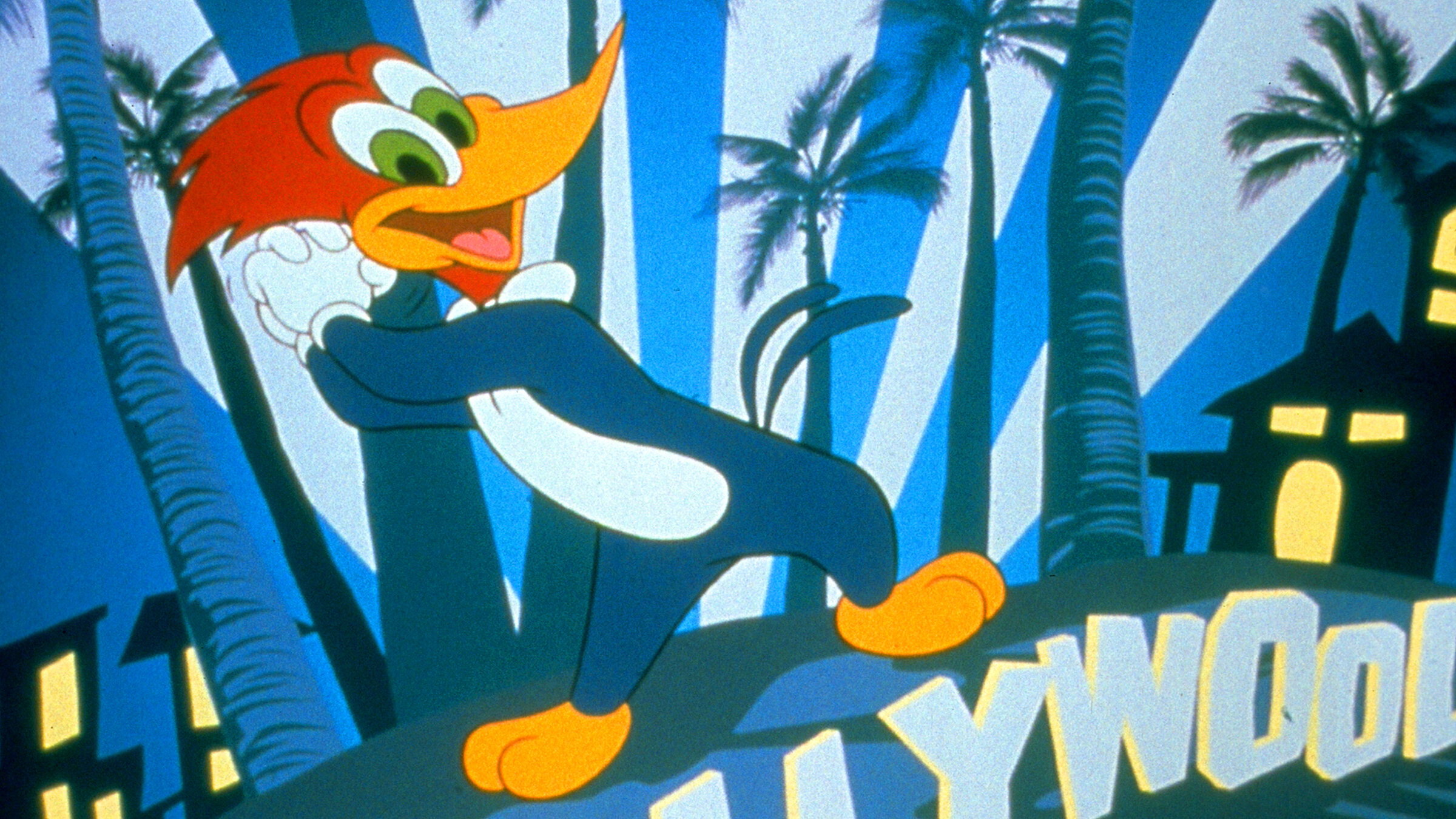 Pássaro animado vintage de cartoon 2D em frente a paisagem de Hollywood com palmeiras estilizadas em fundo azul