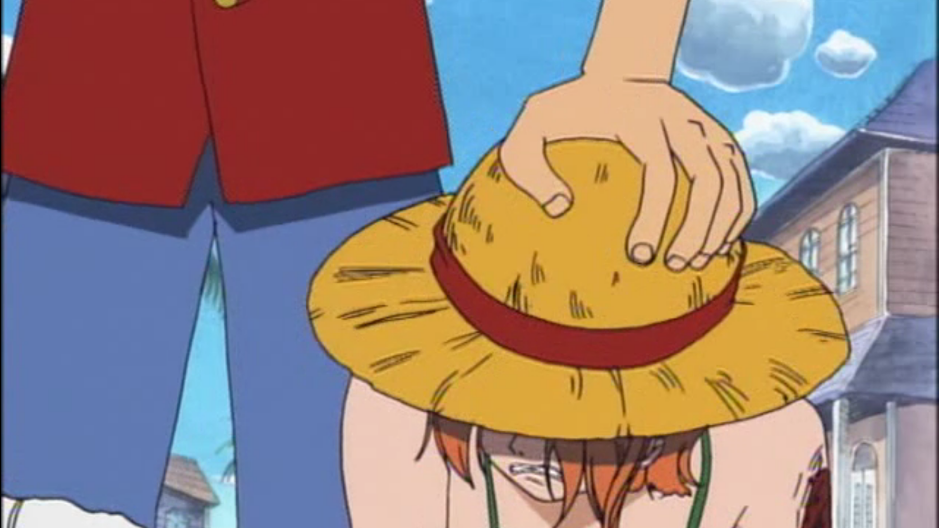Luffy colocando seu chapéu de palha na cabeça de Nami no anime One Piece.