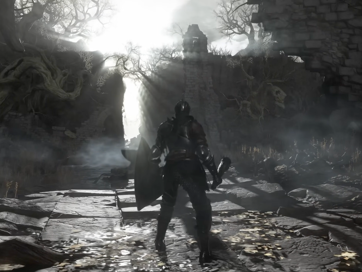 Vista ampla do Castelo de Lothric em Dark Souls III com nova iluminação, céu dramático e atmosfera mais moderna