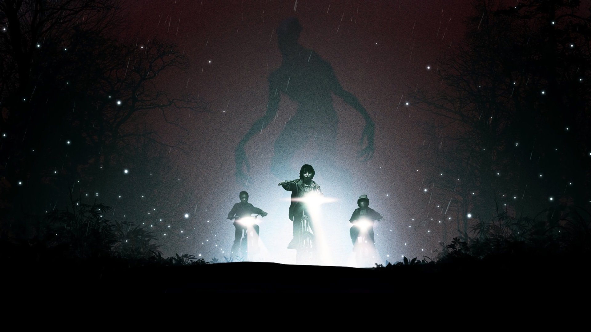 Silhueta gigante do Mind Flayer atrás de três crianças de bicicleta sob céu noturno