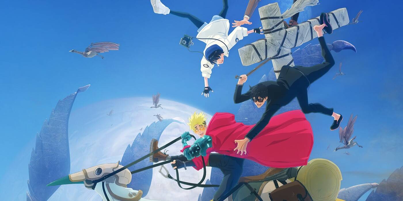 Imagem de Trigun Stampede com Vash the Stampede montando seu cavalo, perseguido por Nicholas D. Wolfwood e Meryl Stryfe.