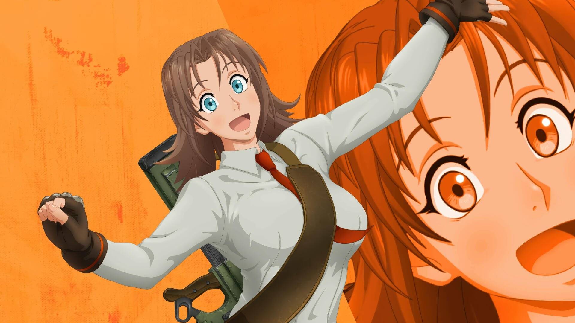 Milly Thompson de Trigun Stargaze sorrindo com os braços abertos contra um fundo laranja.