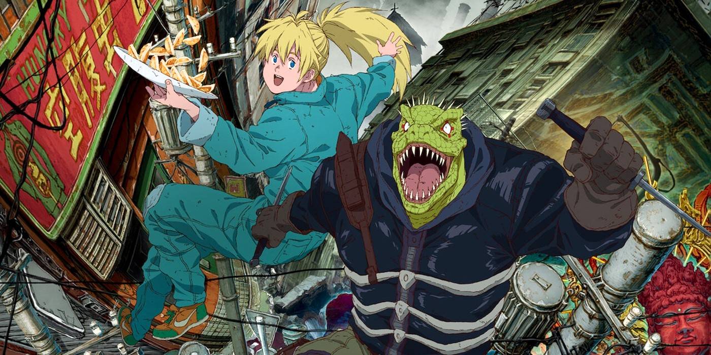 Caiman de Dorohedoro rosna enquanto Nikaido sorri derramando comida.