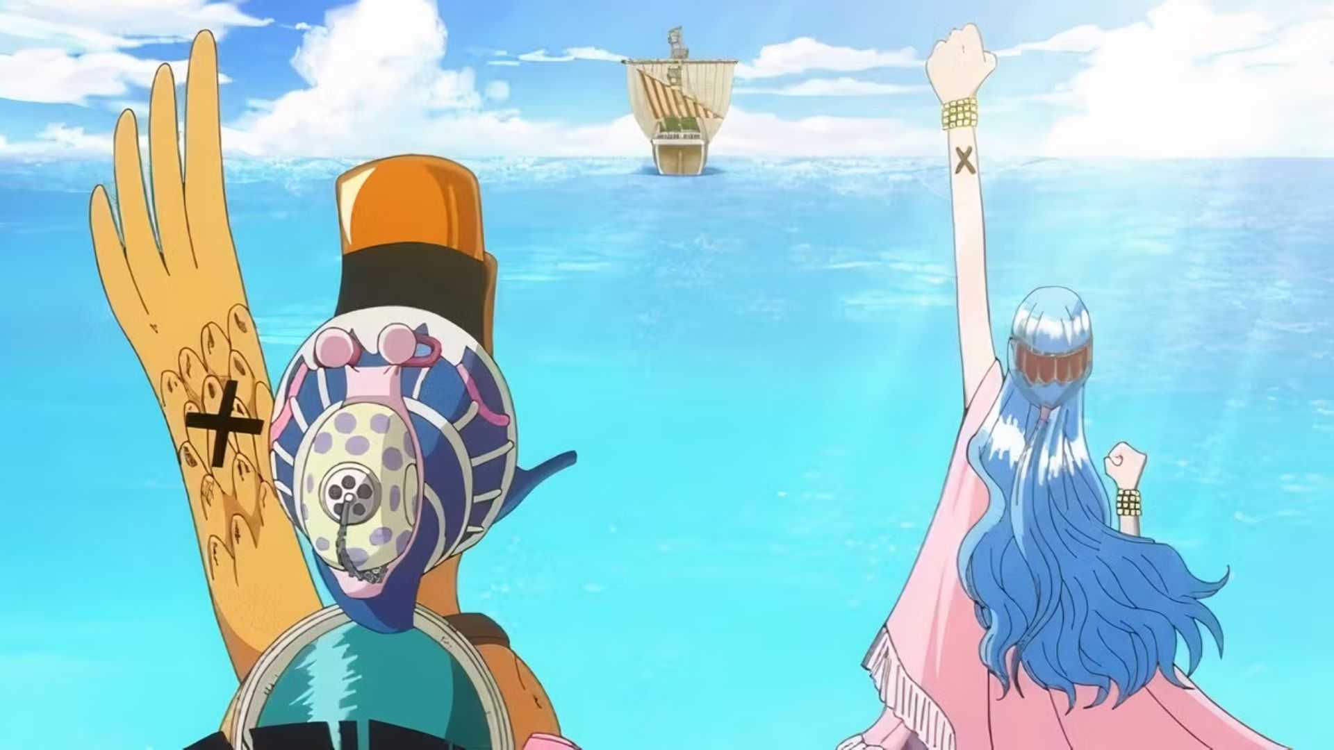 Vivi e Karoo acenam adeus para Luffy em One Piece.