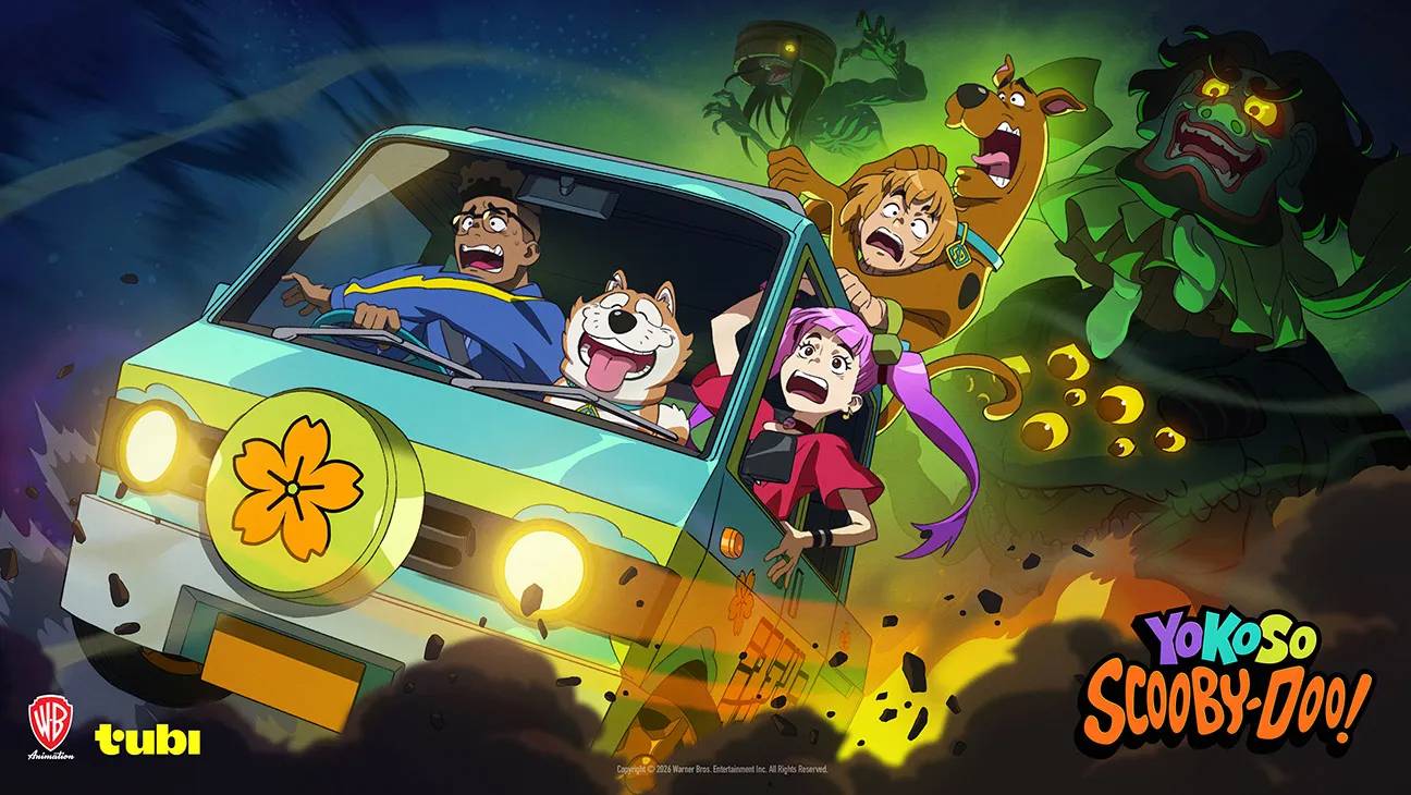 Shaggy, Scooby e seus amigos fugindo de monstros na Mystery Machine em Yokoso Scooby-Doo!