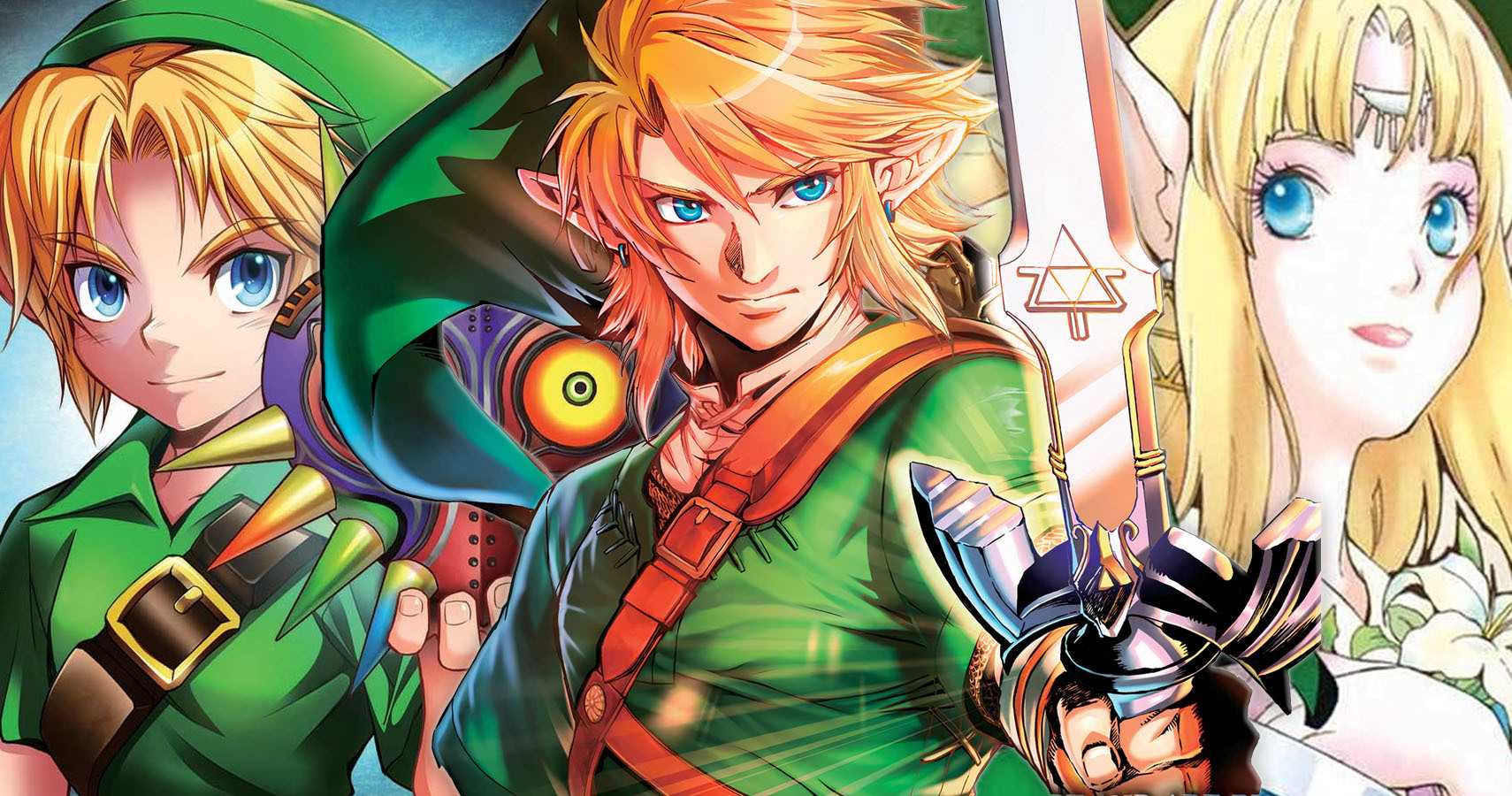 Young Link de Majora's Mask, Link de Twilight Princess e Zelda do mangá A Link to the Past por Akira Himekawa