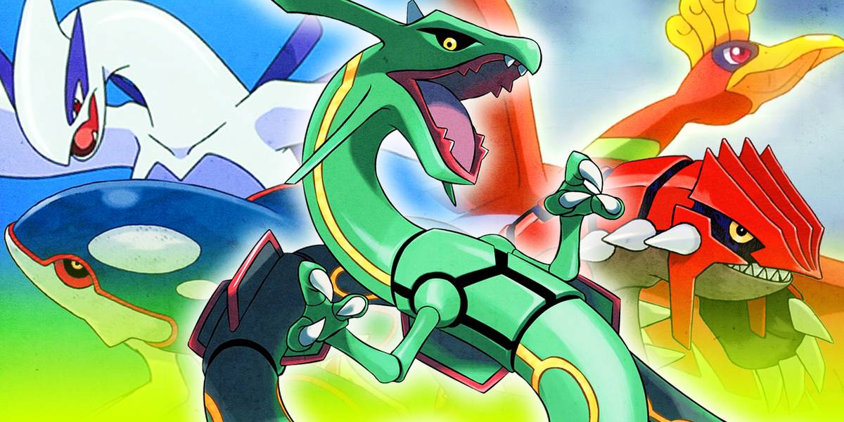 Imagens de Rayquaza, Lugia, Kyogre, Ho-oh e Groudon da franquia Pokémon são combinadas.