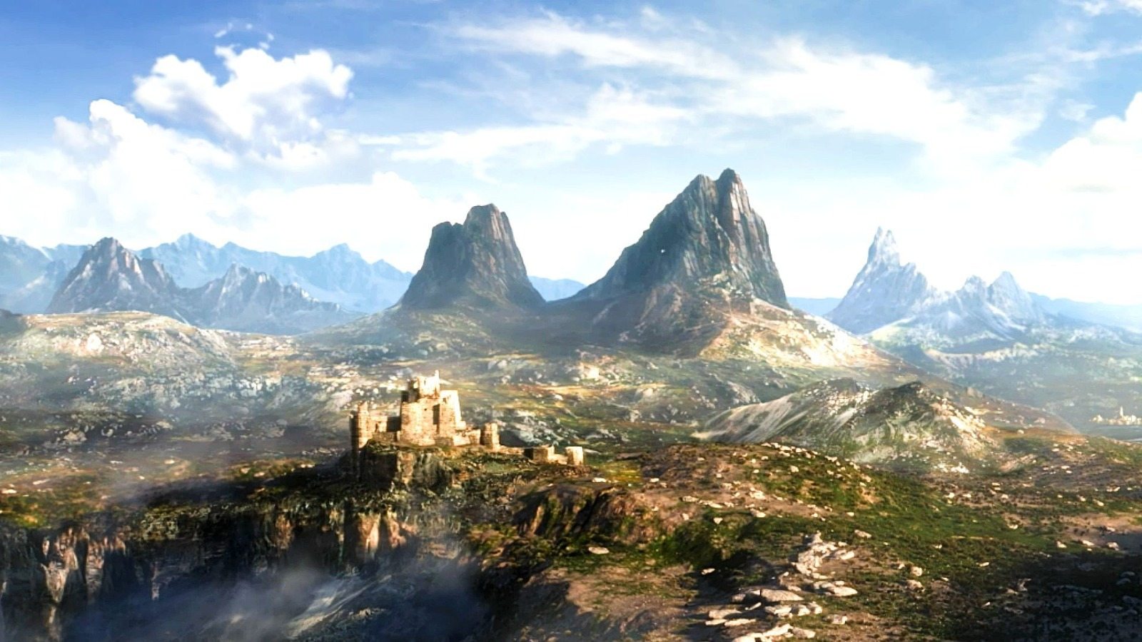 Arte comparando logos de Skyrim, Starfield e The Elder Scrolls VI para ilustrar o longo ciclo da Bethesda