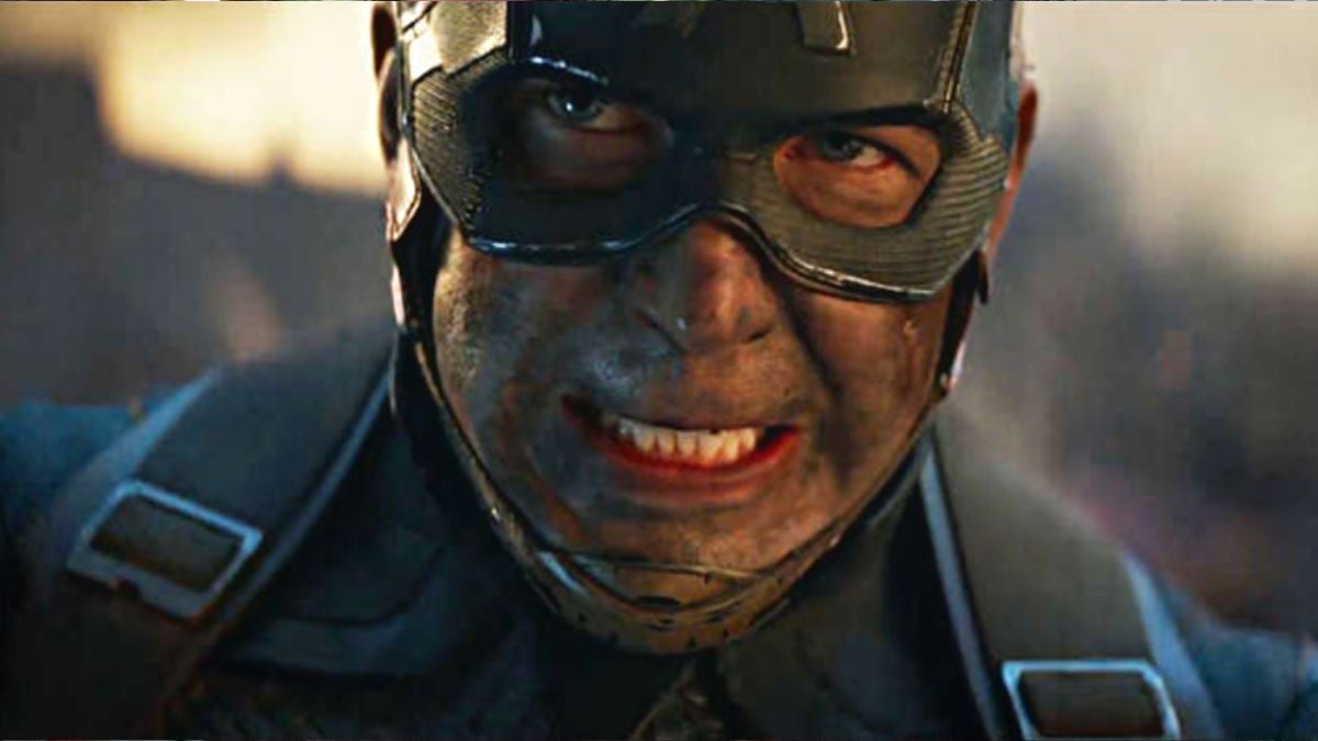 Cena de Vingadores: Ultimato com Tony Stark e Steve Rogers em destaque