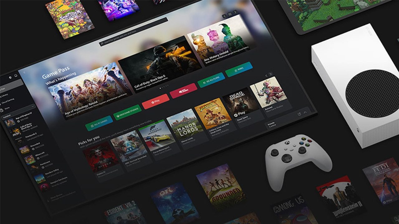 Jogador usando Xbox Cloud Gaming em TV Samsung com controle Xbox, mostrando a versatilidade do serviço