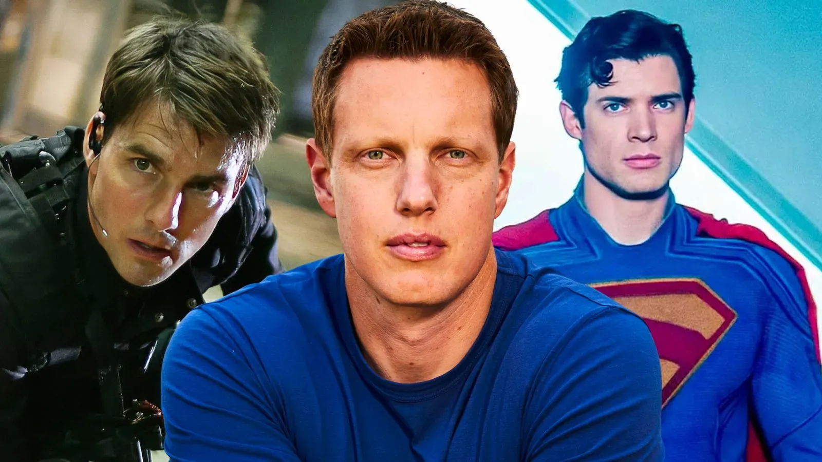 David Ellison, o atual chefe da Paramount, com Tom Cruise e David Corenswet ao fundo