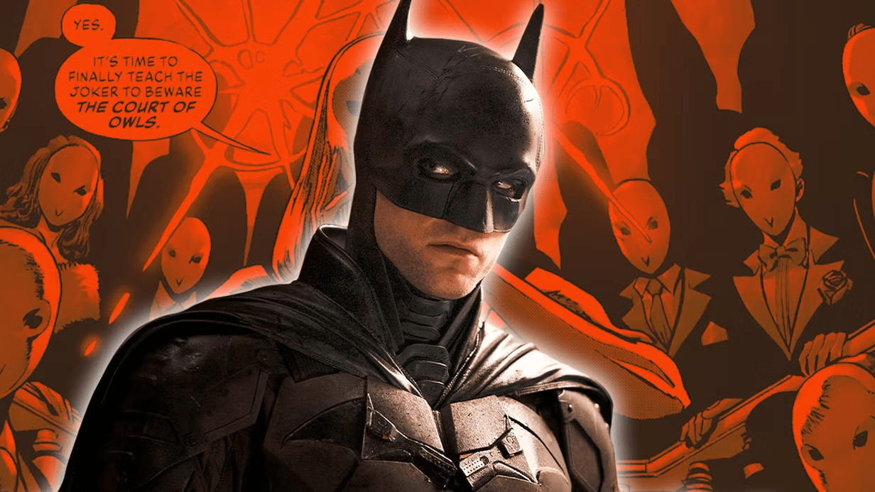 Robert Pattinson como Batman observando Gotham do alto, clima noir e chuva