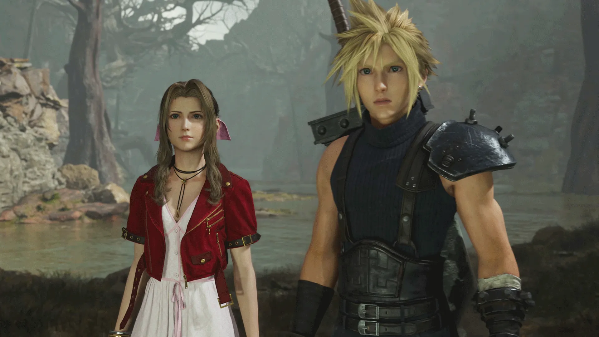 Montagem com Final Fantasy VII Ever Crisis no celular e arte promocional da franquia FFVII