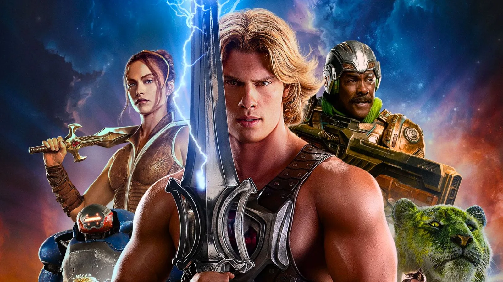 Elenco principal de Mestres do Universo reunido em imagem oficial, com Nicholas Galitzine, Camila Mendes, Idris Elba e Jared Leto