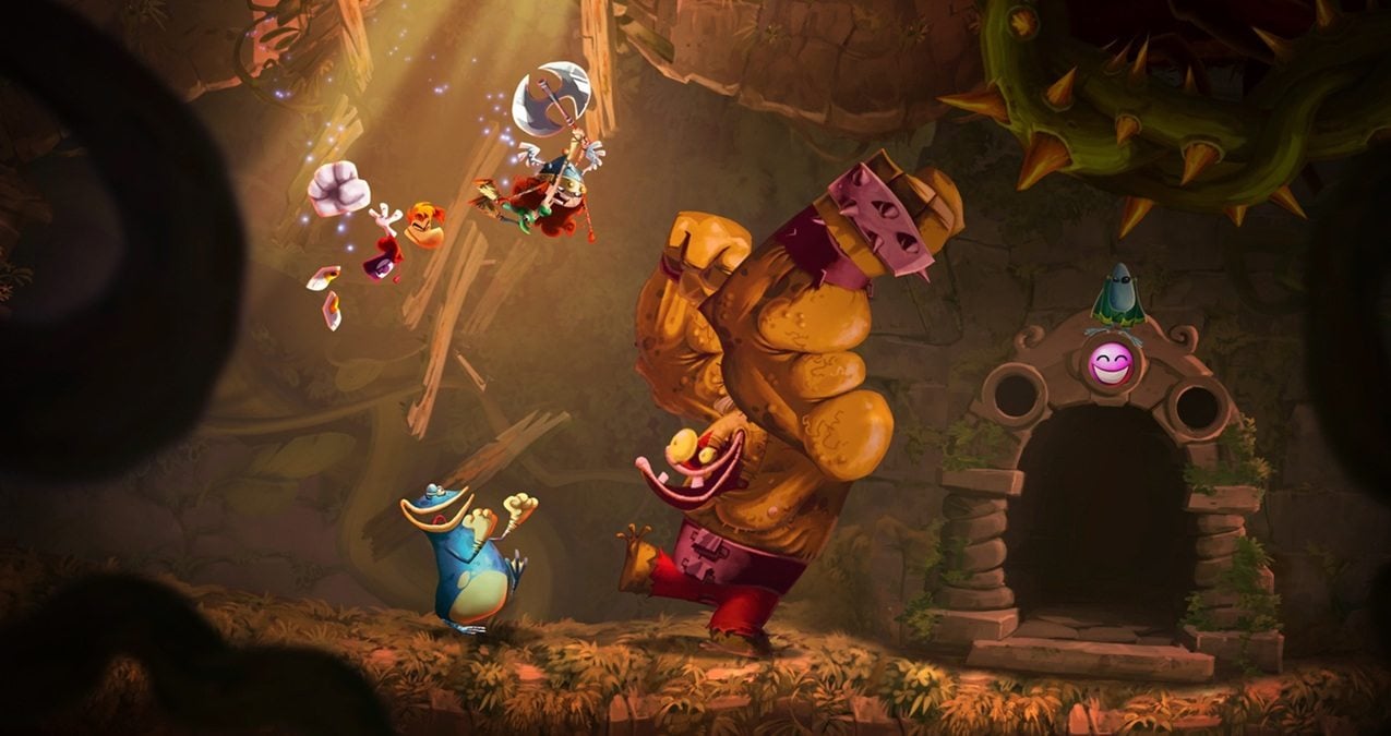 Quatro jogadores em cooperativo local de Rayman Legends Retold, personagens lado a lado em uma fase colorida