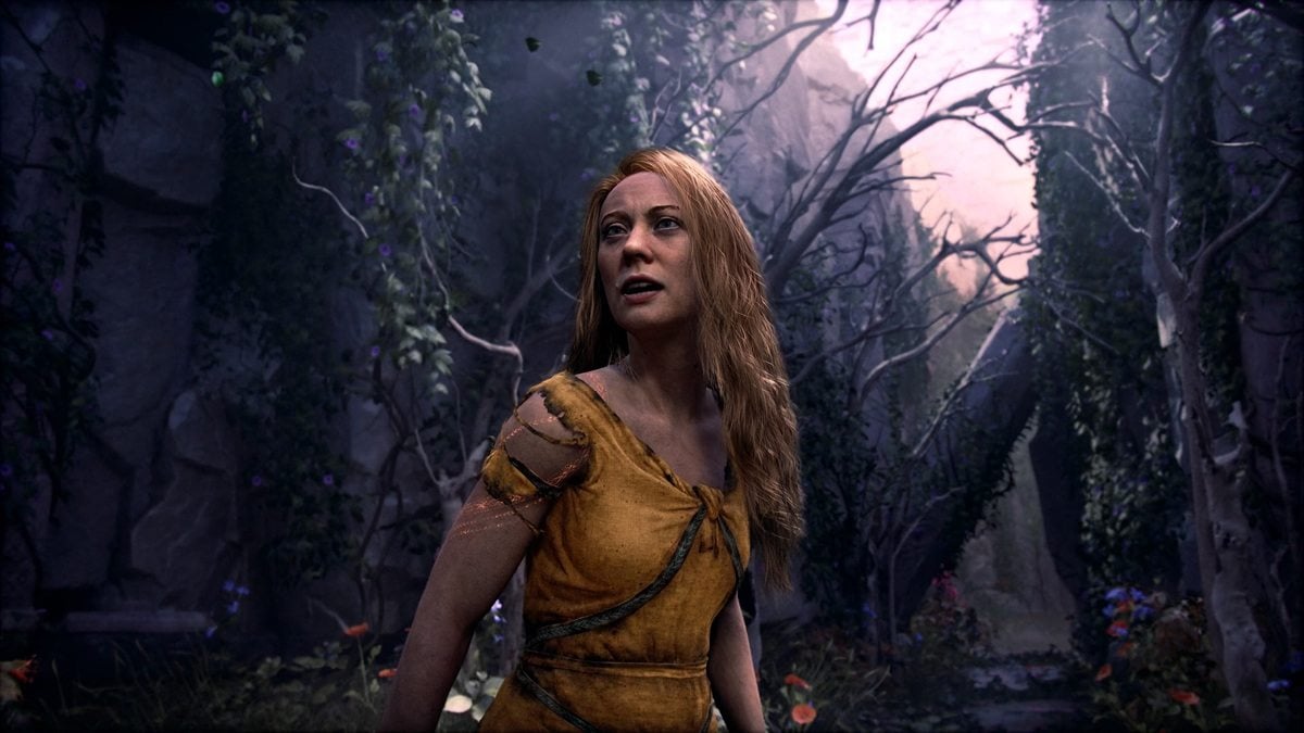 Concept art de Faye ou Laufey em cenário sobrenatural de God of War: Laufey, com elementos do pós-vida e atmosfera mitológica