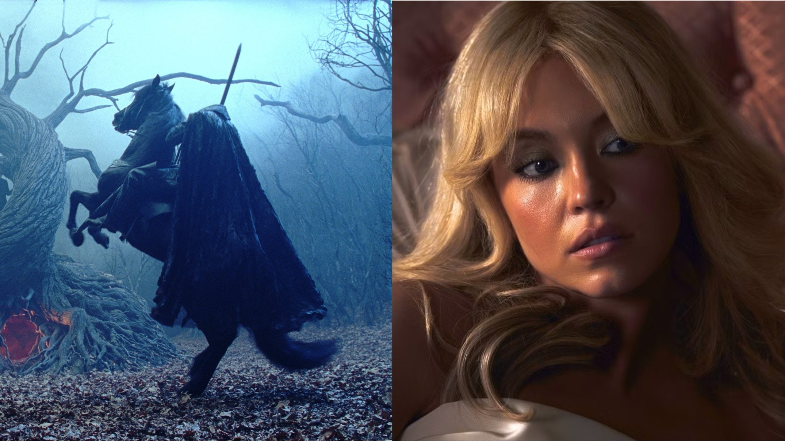 Montagem comparativa entre o visual clássico de Sleepy Hollow de 1999 e uma nova abordagem feminina e gótica para Hollow