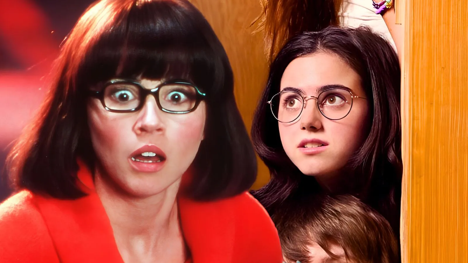 Linda Cardellini como Velma nos filmes live-action dos anos 2000, em visual clássico com gola laranja e óculos