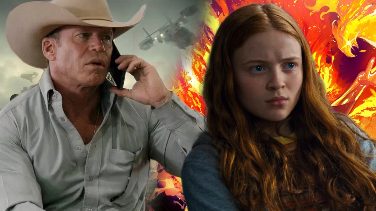 Sadie Sink em foto promocional recente, combinada com arte do Homem-Aranha em fundo vermelho e azul