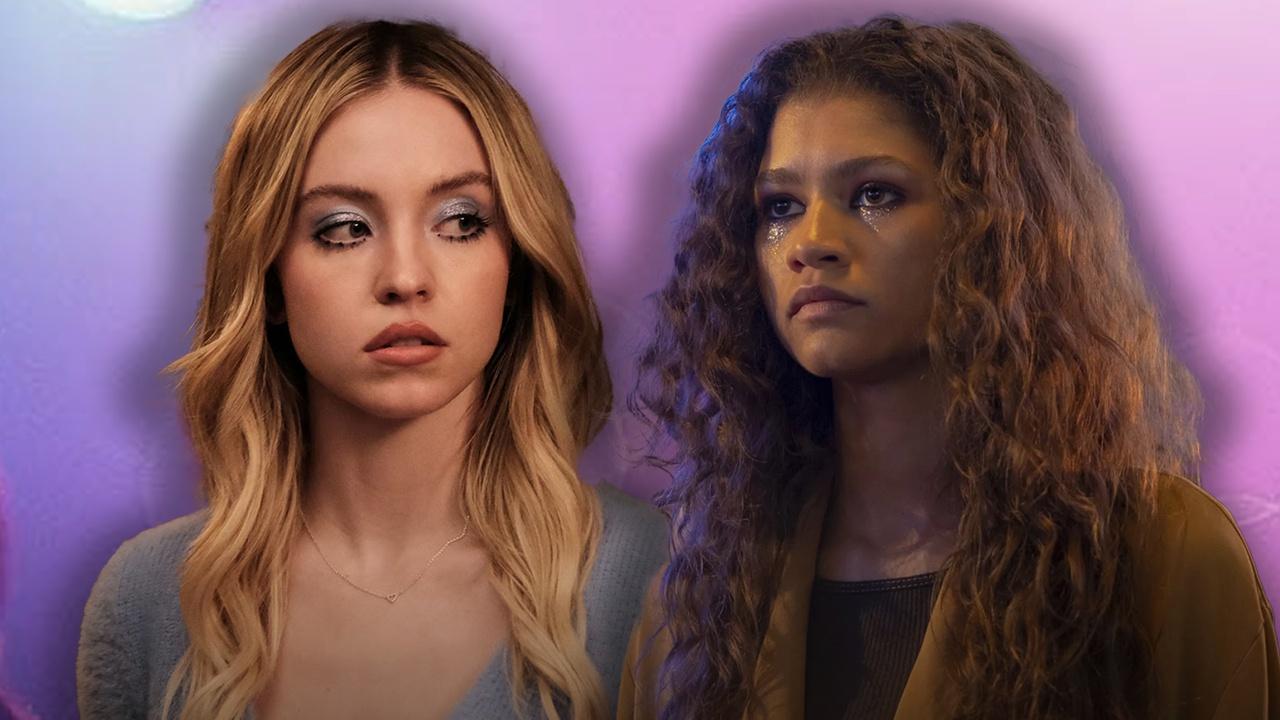 Zendaya e Sydney Sweeney em foto promocional de Euphoria, elenco principal reunido em evento da HBO