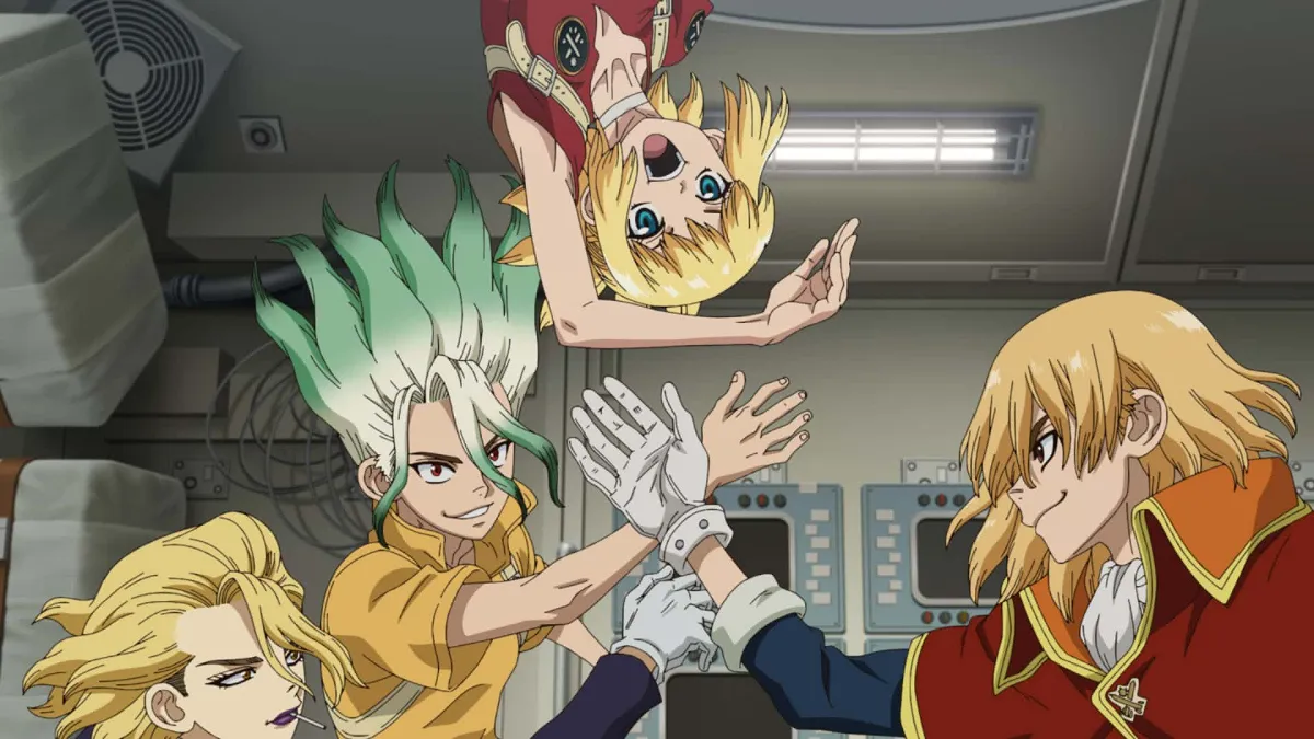 Cena de Dr. Stone mostrando Senku e o Reino da Ciência preparando tecnologia para a missão à Lua