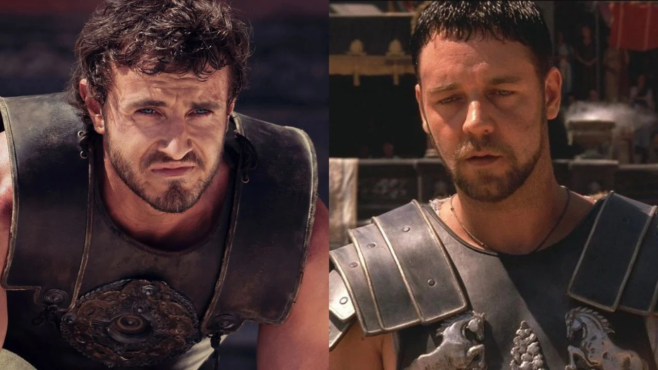 Pôster oficial de Gladiador 2 com Paul Mescal em destaque e atmosfera épica romana