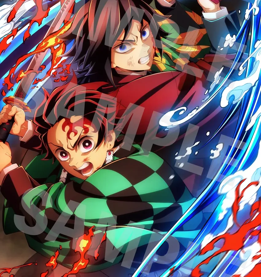 Ilustrações bônus de Demon Slayer: Kimetsu no Yaiba Castelo Infinito com Tanjiro e Giyu, Shinobu e Zenitsu em material promocional japonês
