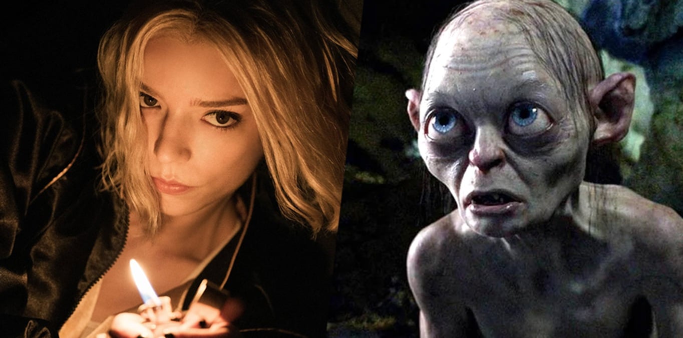 Andy Serkis caracterizado como Gollum em montagem ao lado do logo de O Senhor dos Anéis: A Caçada por Gollum