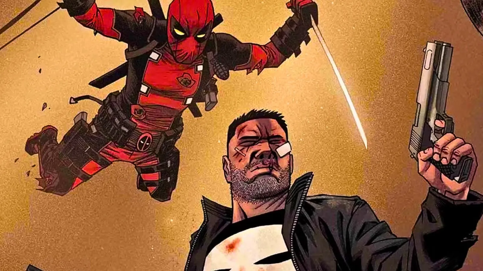 Página de prévia de Big Guns mostrando Deadpool e Justiceiro frente a frente em clima de confronto