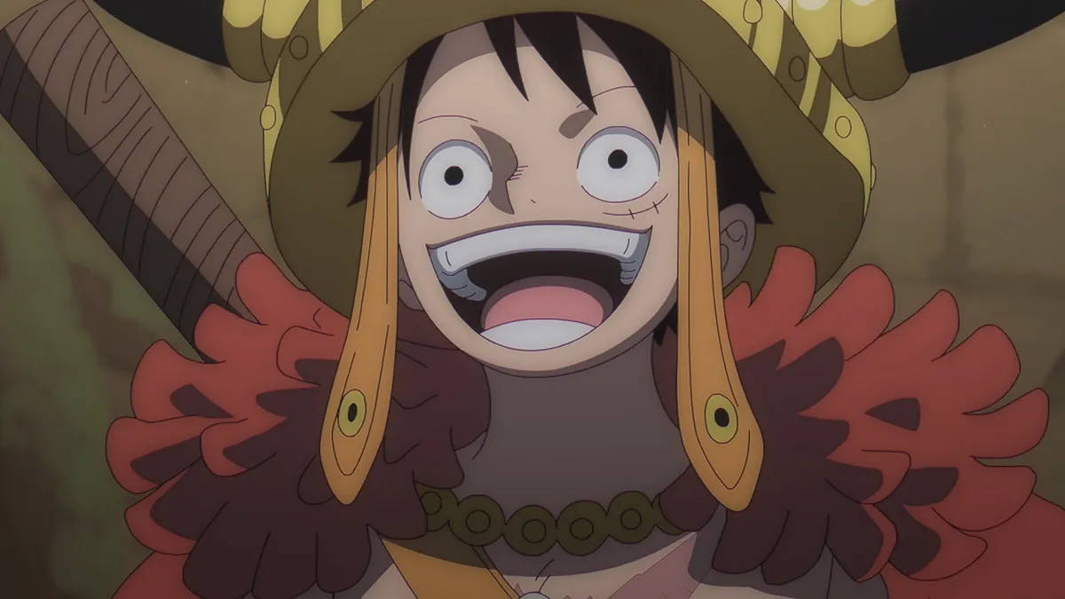 Arte promocional de One Piece em Elbaf com os Chapéus de Palha e cenário dos gigantes