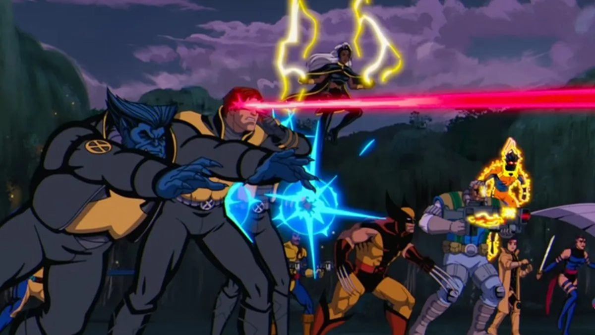 Frame de X-Men '97 com personagens separados em diferentes épocas da linha do tempo, destaque para clima de ficção científica