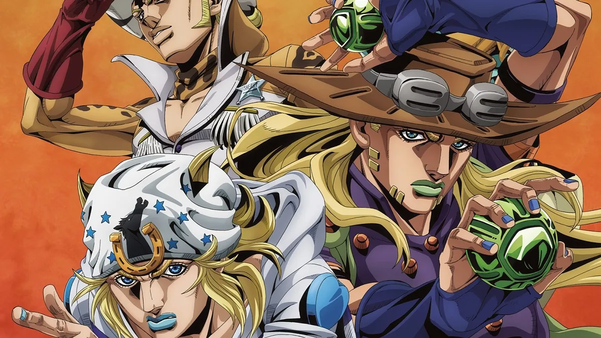 Frame oficial da 1ª Etapa de JoJo's Bizarre Adventure: Steel Ball Run com estética de faroeste da adaptação