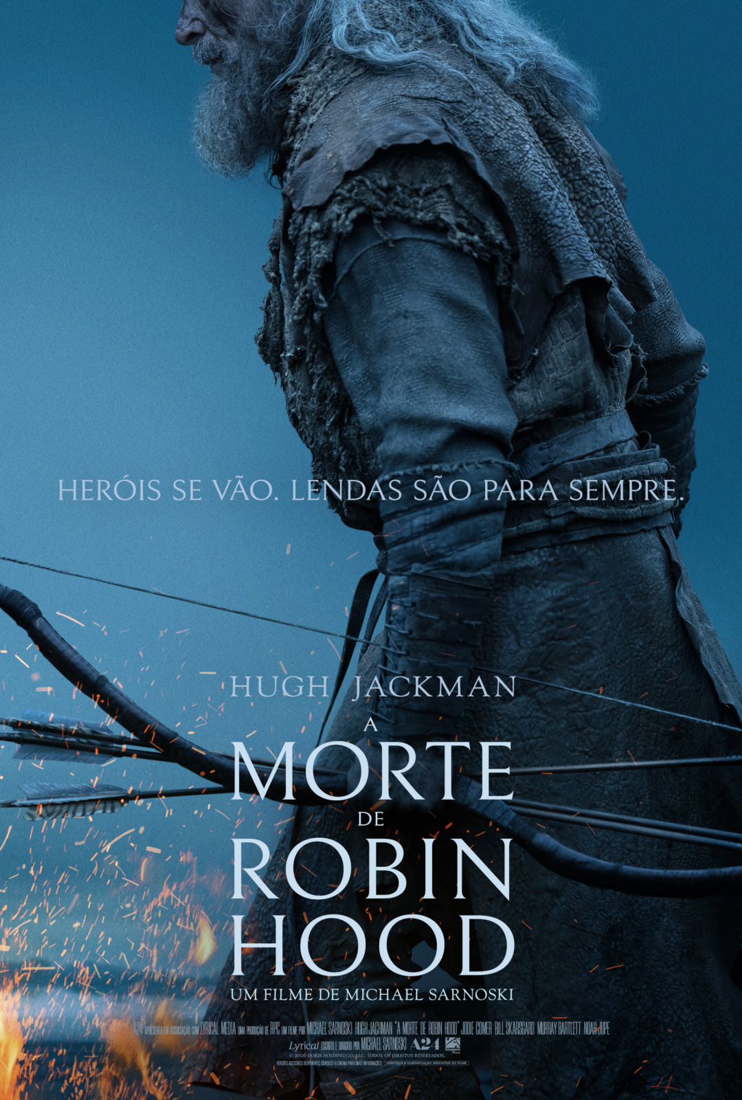 Pôster oficial de A Morte de Robin Hood com Hugh Jackman em destaque e visual medieval sombrio