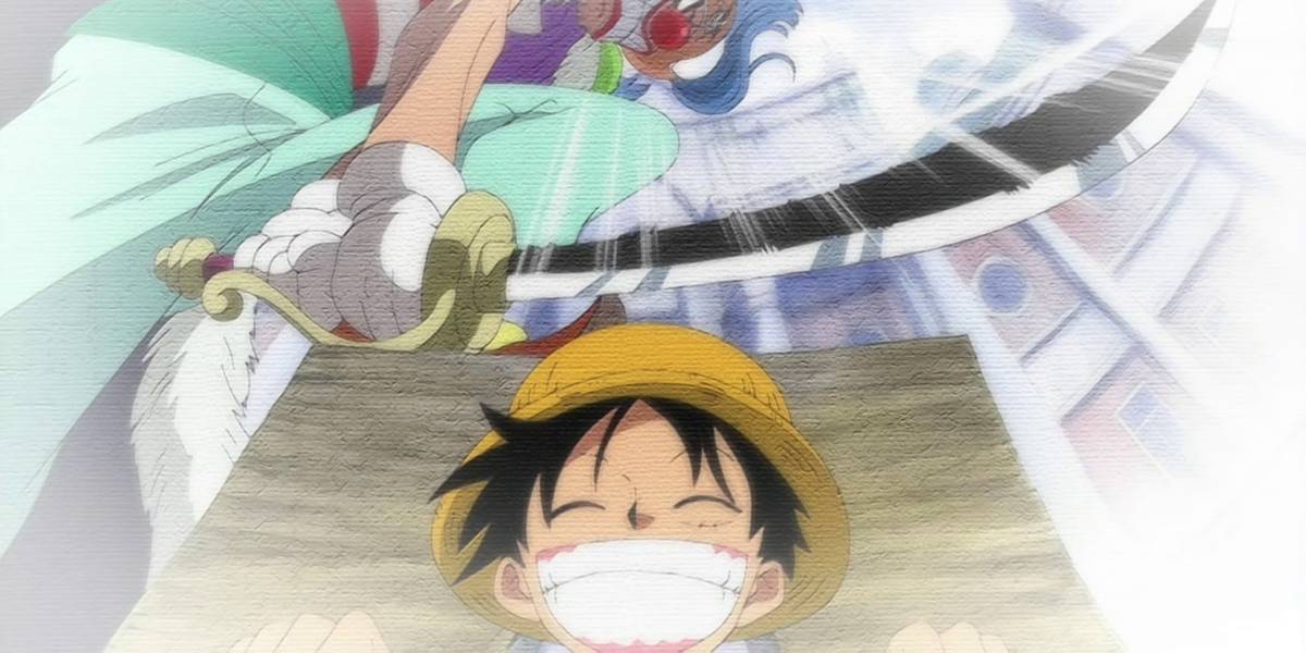 Buggy the Clown tentando executar Luffy com uma espada em One Piece