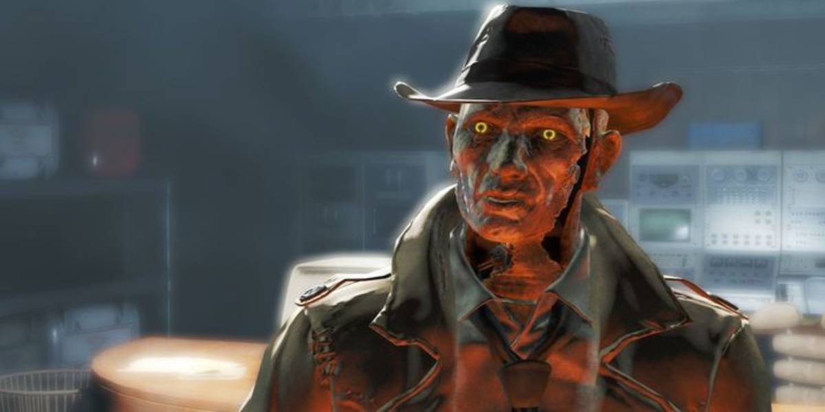 Nick Valentine, um companheiro protótipo Synth, olha para a câmera em Fallout 4 (2015)