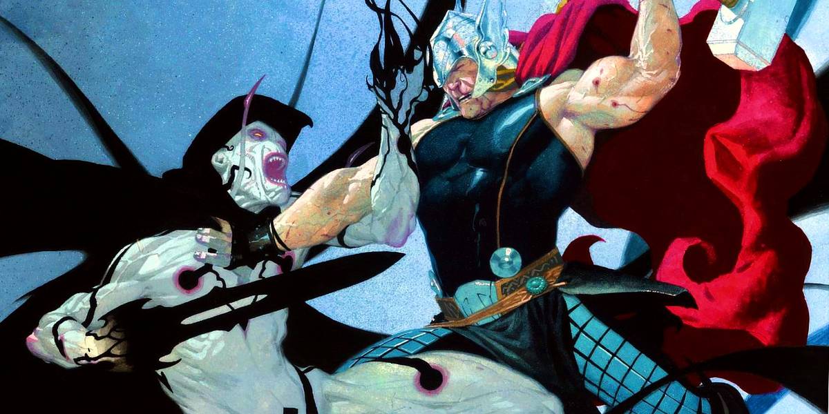Thor e um Gorr, o Deus Carniceiro, gritando, lutam em um painel de uma revista em quadrinhos da Marvel.